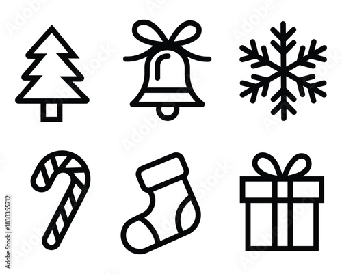 A collection of simple black outline Christmas holiday icons featuring a tree bell snowflake and gif