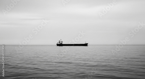 A solitary cargo ship sails across a vast, calm sea under an overcast sky, evoking a sense of isolation and the immensity of the ocean