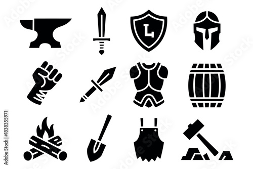 Medieval Smithy Icon Set.  Solid Style Anvil, Sword, Shield, Helmet, Gauntlet, Spearhead, Armor Plate