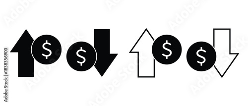 Dollar increase and decrease vector icons. Cost reduce increases and decreases icon set. profit and lose money vector illustration 
