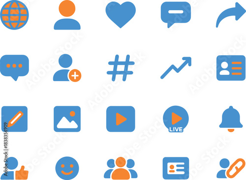 Global network social media and engagement icon set featuring worldwide symbol heart chat box and user profile graphics