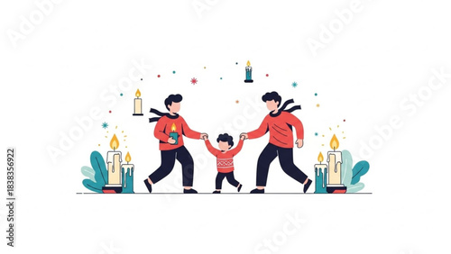 Loving gay fathers celebrate a warm winter holiday moment with their young child surrounded by glowing candles and festive cheer