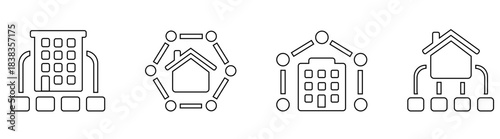 Facility and amenities icon set with editable stroke containoing smart home and connected building