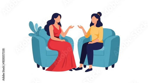 Two women deeply engaged in a supportive conversation while sitting comfortably in stylish blue armchairs