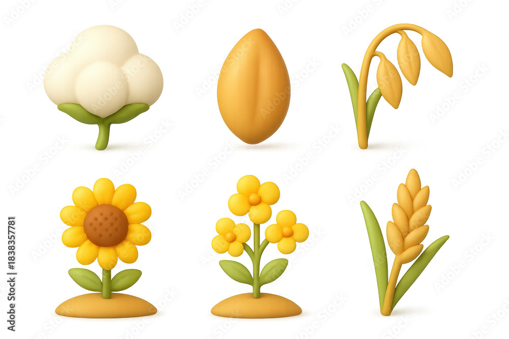 Obraz premium Cartoon crop icons featuring cotton, grain, sunflower, and wheat for agricultural design