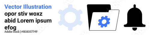 Workflow, notification systems, data management, productivity apps, scheduling, updates tracking. Gear, folder with a settings icon and bell notification symbol. Workflow and notification