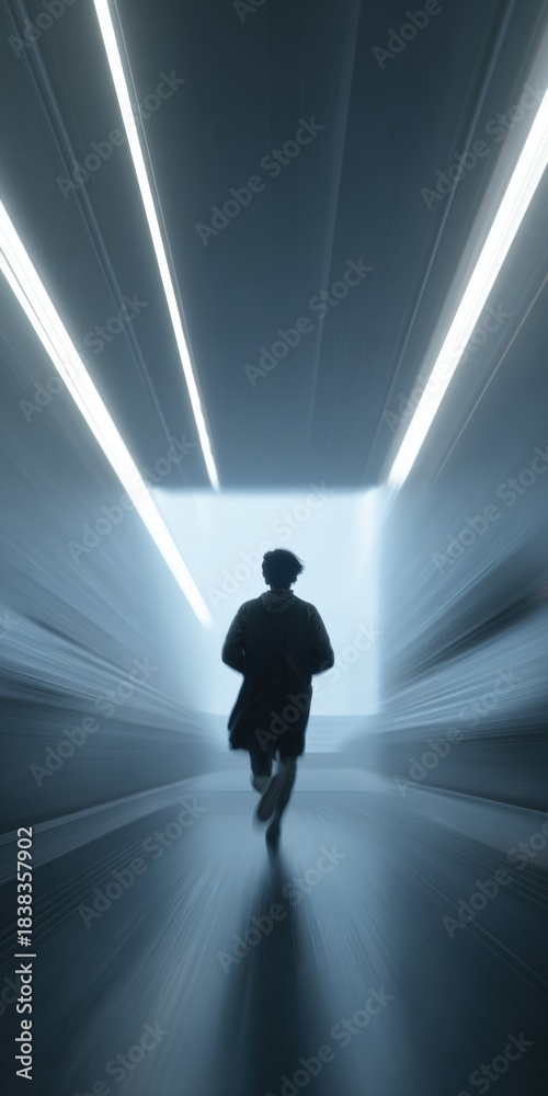 Fototapeta premium Silhouette of young adult male in motion blur running through bright futuristic tunnel
