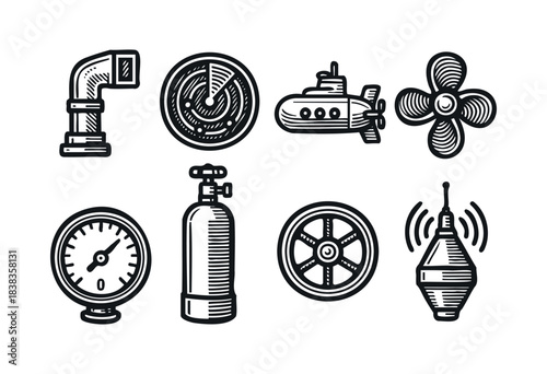 Submarine parts engraved icons : periscope, radar, and other naval and underwater vessel components — stock vector.