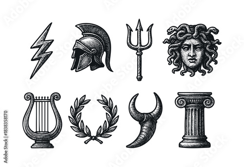 A set of ancient Greek symbols including a lightning bolt, spartan helmet, trident, medusa, lyre, laurel wreath, bull head and column in a retro engraved style — stock illustration.