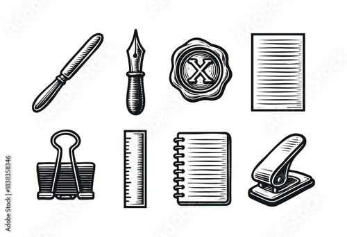 Set of engraved style office supplies including knife, pen, seal, paper, binder clip, ruler, notebook, and hole punch — stock vector.