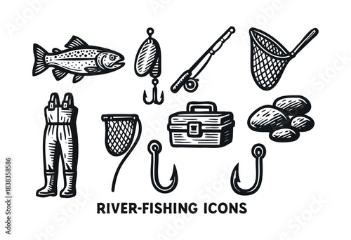A collection of river fishing equipment represented as black and white icons, including a fish, lure, rod, net, waders, box, hooks, and rocks — stock vector.