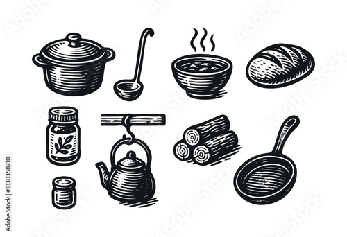 Monochrome sketch of cooking utensils and ingredients isolated on white, including a pot, ladle, bowl of soup, bread, seasoning jar, kettle, firewood, and frying pan — stock illustration.