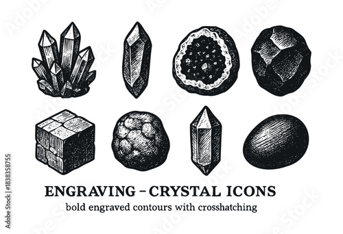 Hand-drawn vector illustration features a set of engraved crystals and geodes in a vintage style — stock illustration.