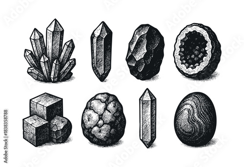 Hand-drawn vector illustration features a set of engraved crystals and geodes in a vintage style — stock illustration.