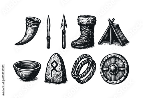A set of Viking artifacts including weapons, tools and shelter, in a woodcut style — stock illustration.