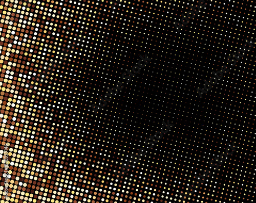 Abstract halftone vector background with shimmering gold, brown, and cream dots on black. Stylish gradient effect with vintage comic-style flair.