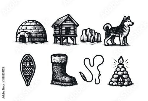 Isolated arctic life objects including igloo, hut, iceberg, dog, snowshoe, boot, lasso and candle arranged as a group — stock illustration.