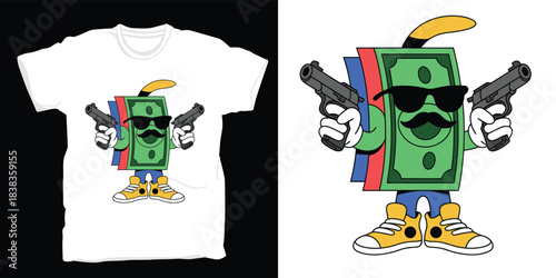 Cartoon money character with guns and sunglasses on t shirt design