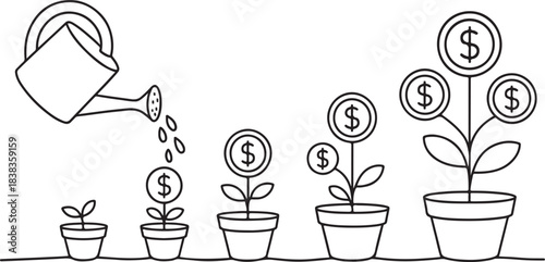 Continuous Line Drawing of Watering Plant with Growing Money Tree Vector black and white line art
