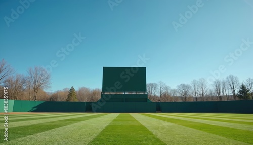 Empty baseball field with scoreboard under clear blue sky. Perfectly manicured green grass outfield ready for game. Outfield fence surrounds playing area.