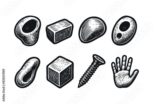 Set of monochrome mechanical elements and tools in vintage engraving style — stock illustration.