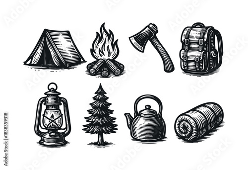 Monochrome engraved camping equipment includes a tent, campfire, axe, backpack, lantern, tree, kettle and sleeping bag — stock illustration.