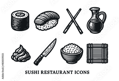 A set of vector icons featuring sushi, soy sauce, chopsticks and other sushi related elements in a monochrome engraved style — stock vector.