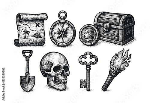 A collection of engraved-style illustrations depicting pirate treasure elements, including a map, compass, treasure chest, and skull — stock illustration.