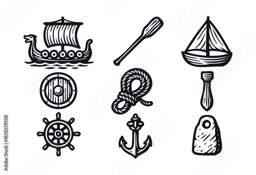 Collection of hand-drawn nautical icons including a Viking ship, sailboat, anchor, rope, steering wheel, oar, shield, and stone — stock vector.