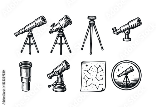 A set of astronomy and astrology icons featuring telescopes and a constellation map in a hand-drawn style — stock vector.