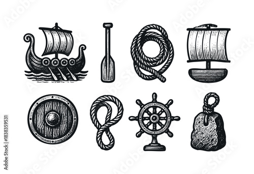 A set of nautical elements including a Viking ship, paddle, rope, shield, helm, and anchor, shown in black and white with a vintage engraved style — stock vector.