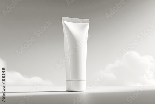 white cosmetic tube standing upright on a clean surface under a soft cloudy sky, minimalist skincare packaging mockup for beauty branding, suitable for cosmetics, skincare, cloud dancer color 2026