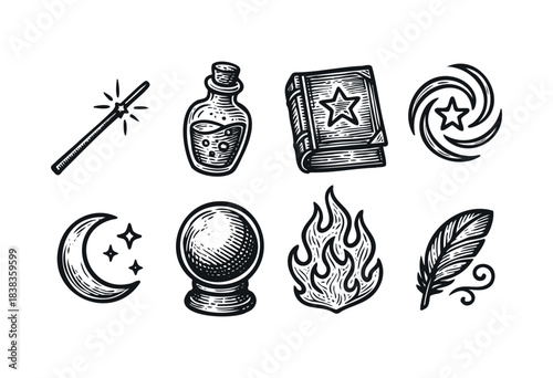 A collection of witchcraft symbols including a wand, potion, book, and more in a vintage engraved style — stock illustration.