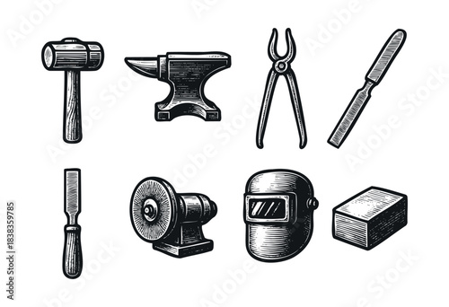 Collection of blacksmith tools in retro etching style isolated on white background — stock vector.