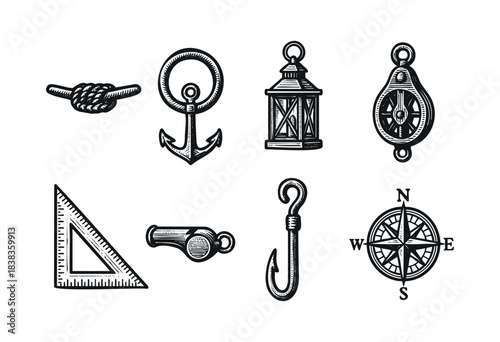 Collection of nautical tools including anchor, compass, rope, and lantern in engraved style — stock illustration.