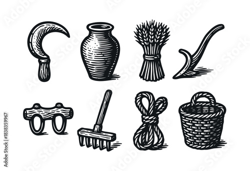 A collection of vintage farming tools, including a sickle, jug, wheat bundle, flail, rake, rope, and basket, illustrated in a retro woodcut style — stock vector.