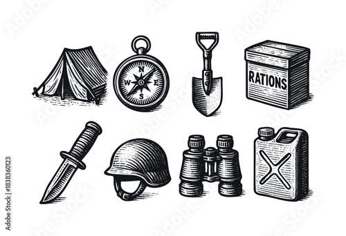 Set of hand drawn monochrome survival equipment icons including tent, compass, shovel, rations, knife, helmet, binoculars and fuel can — stock illustration.