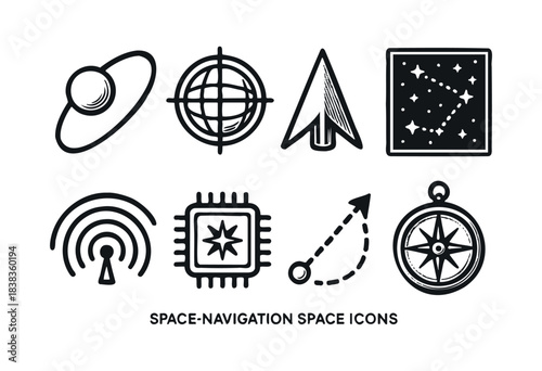 A collection of cosmic navigation and space exploration themed icons, rendered in a minimalist black and white style — stock vector.