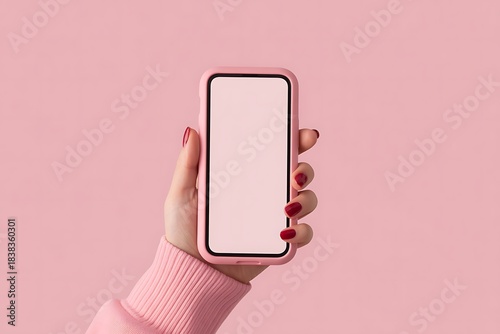 Hand holding pink smartphone with blank screen against pink background