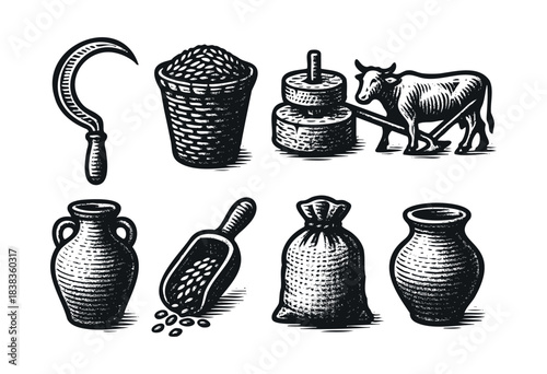 Black and white vintage illustration of farming tools and products including a sickle, basket, mill, cow, pottery, scoop, and bag — stock illustration.