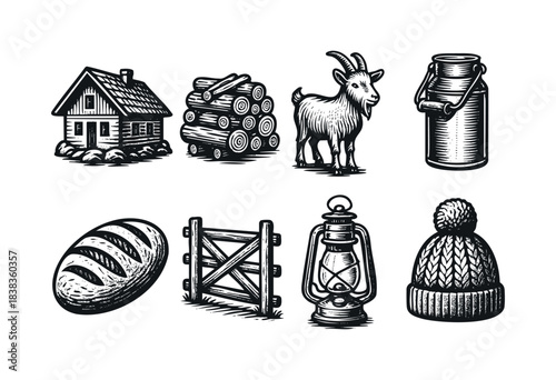 Monochrome icons depicting farmhouse-style living elements in a rustic engraving style — stock illustration.