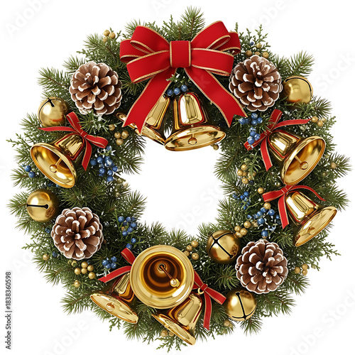 Festive Christmas wreath with red bow golden bells and frosted pinecones isolated on transparent background ready for holiday design