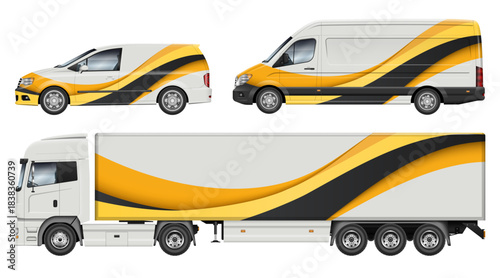 Vector vehicle branding mockup set. Car, van, and semi trailer truck with yellow and black abstract corporate identity wrap design template. Transport fleet livery side view.