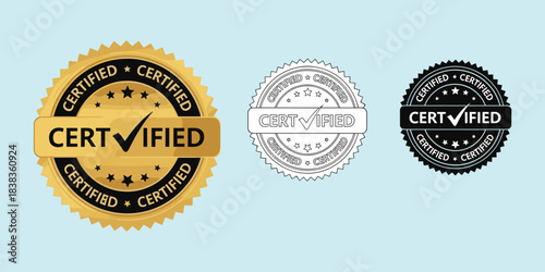 Certified badge icon set, approval stamp design, official verification symbols, professional quality seal graphics, flat vector illustration