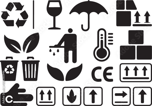 Shipping and Packaging Handling Marks Icon Set: Fragile, Up Arrows, and Environmental Symbols