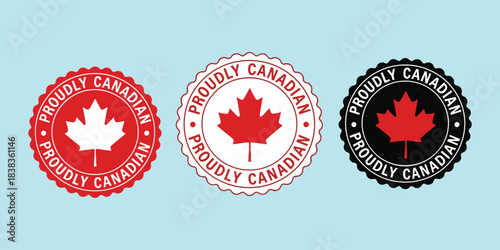 Proudly Canadian badge icons, maple leaf emblem set, patriotic Canada design, national pride symbols, flat vector illustration