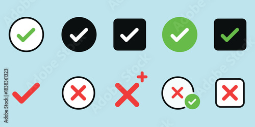 Check mark and cross icons, UI approval and error symbols, interface status indicators set, flat vector illustration