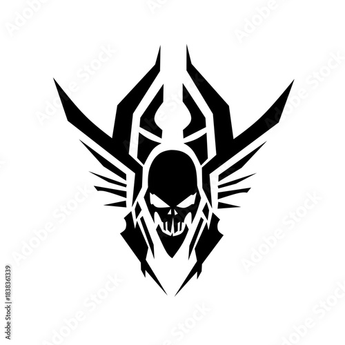A striking black and white skull emblem with sharp, spiky horns and majestic wings. Perfect for gaming logos, tattoos, apparel design, or a dark, intense brand identity.