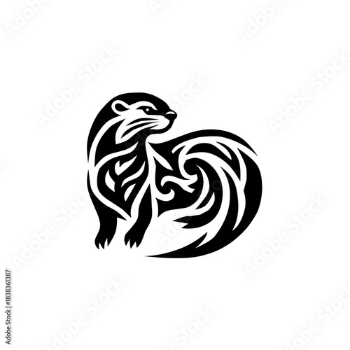 A dynamic, black and white tribal-style illustration of an otter standing with its tail curled in a swirling pattern, featuring decorative lines and a stylized fur texture.