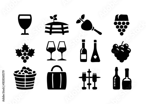 Wine and Vineyard Solid Icon Set. Essential Winemaking Symbols Collection. Grape, Vineyard, Wine Glass, Barrel, Corkscrew, Bottle, Harvest Basket, Farming, Agriculture, Transparent Background .vector 